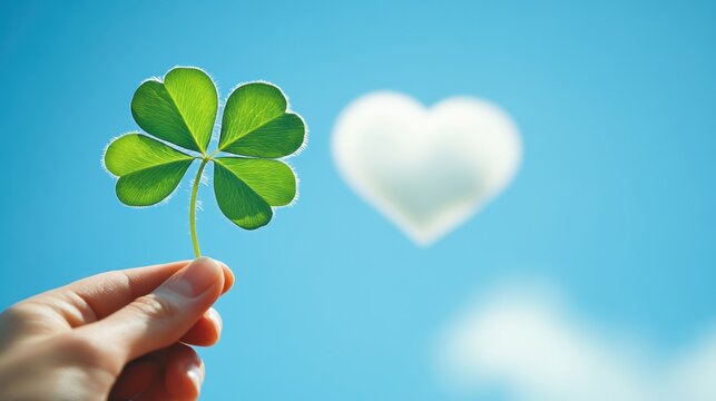 Lucky clover leaves with heart cloud and blue sky,Clover four leaf or three leaf,St Patrick day realistic green border for banner with leaf confetti,Four lucky grass leaves symbol for advertising.