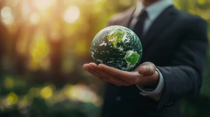 The businessman holds the Earth, symbolizing eco-friendly business and protection of nature