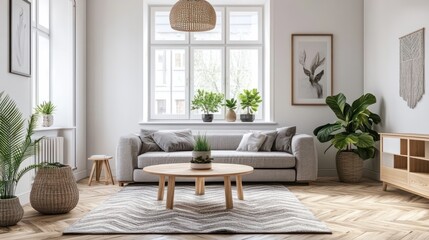 Minimalist Scandinavian interior design. Bright living room with wood floors and potted plants. Bright apartment in Scandinavian style - interior idea