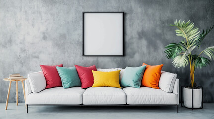 Scandinavian interior design of modern living room, home. Colorful vibrant pillows on white sofa against wall with art poster frame