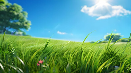 Fototapeta premium Serene Meadow: Lush Greenery & Wildflowers Under Blue Sky