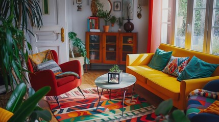 Mid-Century Scandinavian Living Room with Vibrant Multicolored Furniture and Eclectic Decor
