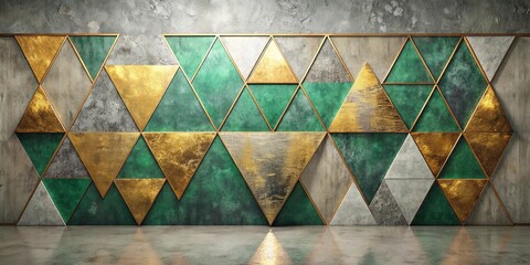 Fototapeta premium Abstract painting with gold and green triangles on opposite sides of the wall
