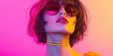 Glamorous Woman with Sunglasses and Neon Light Effect in Futuristic Fashion Portrait