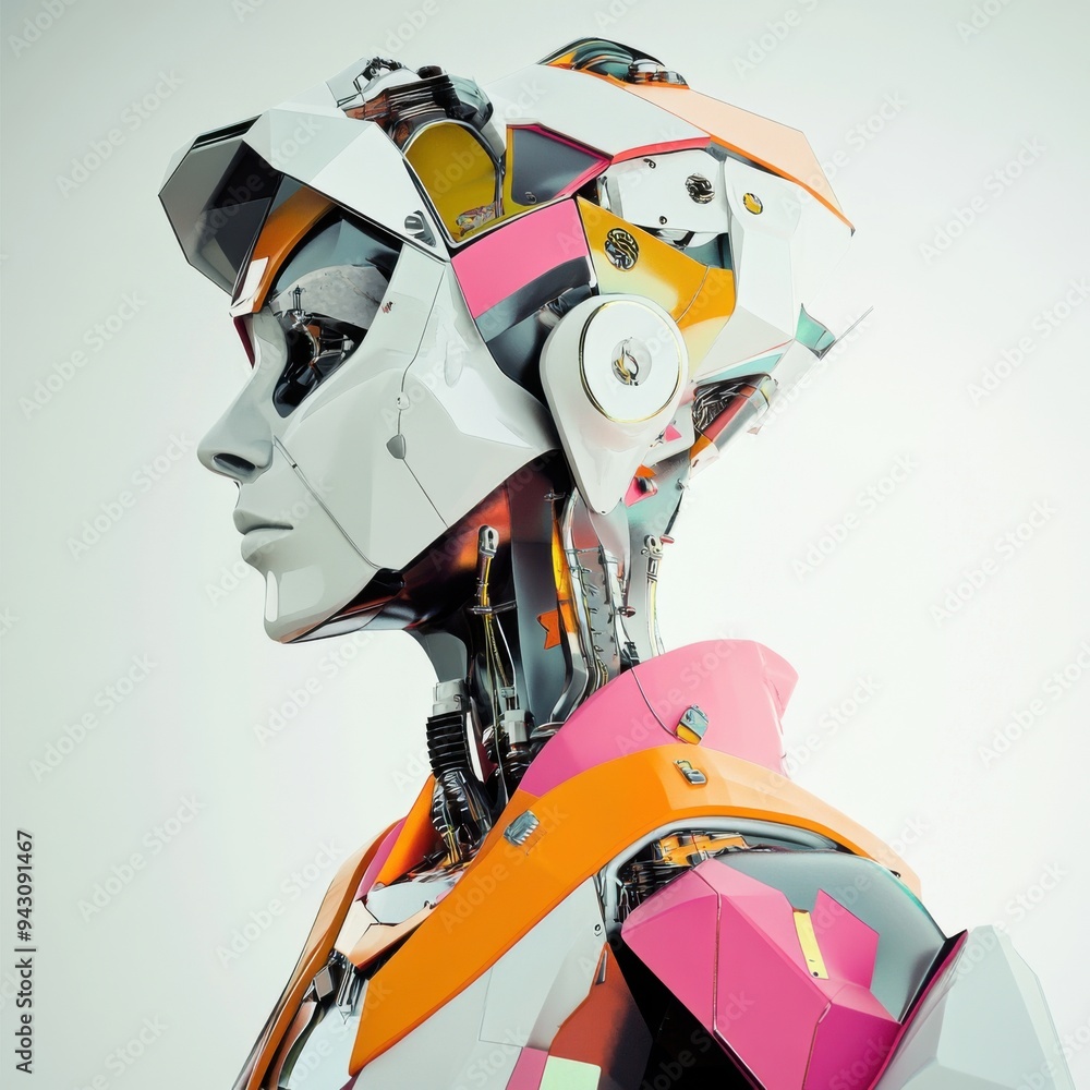 Poster whimsical abstract humanoid robots with geometric headgear in colorful minimalistic settings