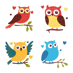 Collection of Cute Colorful Owl Bird Animal Character in Love