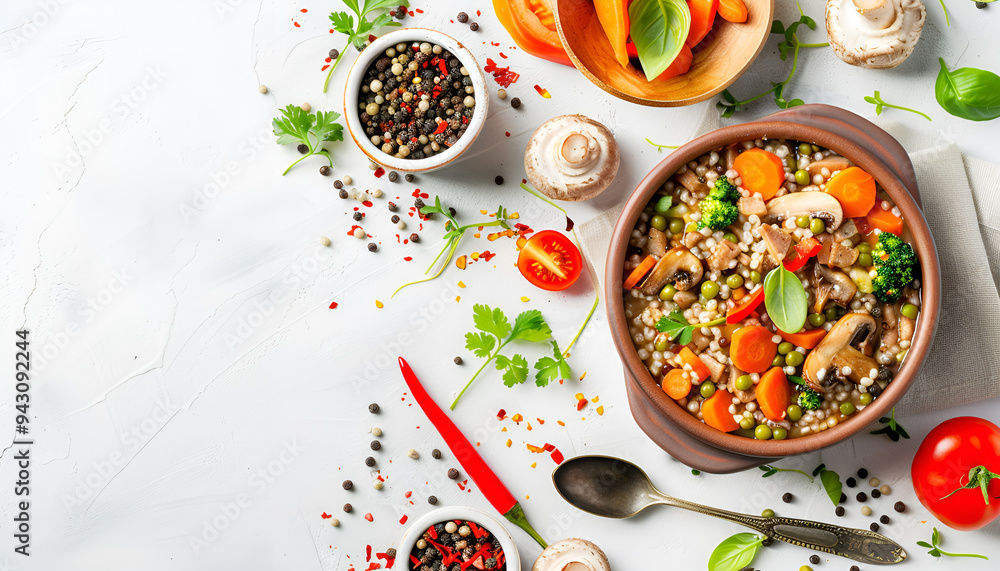 Canvas Prints delicious buckwheat porridge with vegetables and mushrooms on white background, top view