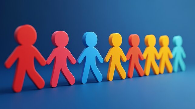 A line of colorful stick figures stand side by side on a blue background, representing unity and diversity.