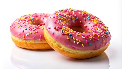 Two delicious donuts with pink frosting and colorful sprinkles on a white background