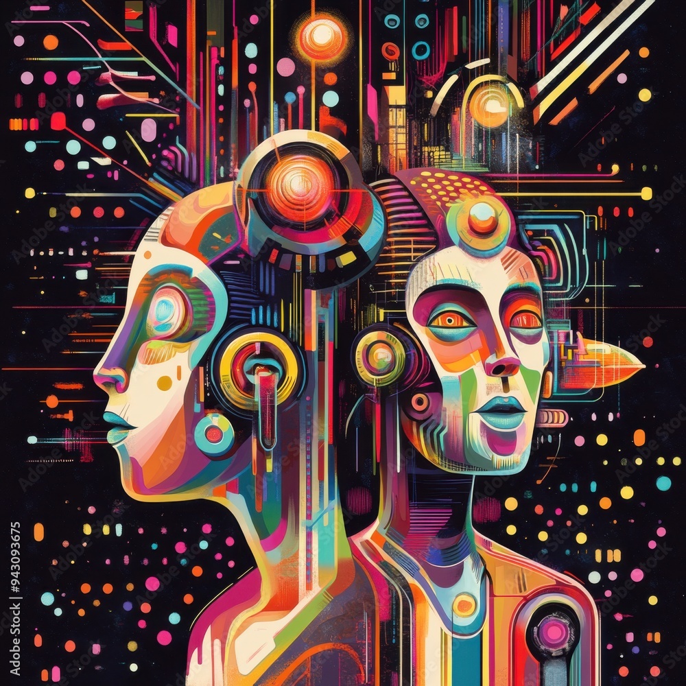 Poster futuristic eccentric humanoids with abstract tech helmets and colorful geometric patterns background
