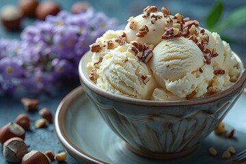 Delicious Vanilla Ice Cream with Nuts in Ceramic Bowl - Summer Dessert Concept for Food Design