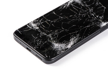 crack screen mobile phone or smartphone screen glass broken isolated on white background.