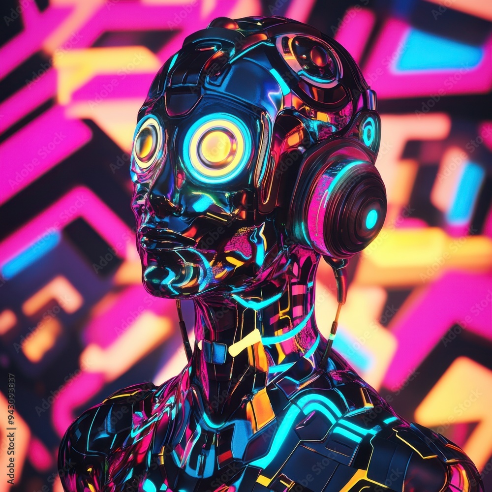 Poster futuristic eccentric humanoids with abstract tech helmets and exaggerated expressions on colorful ge