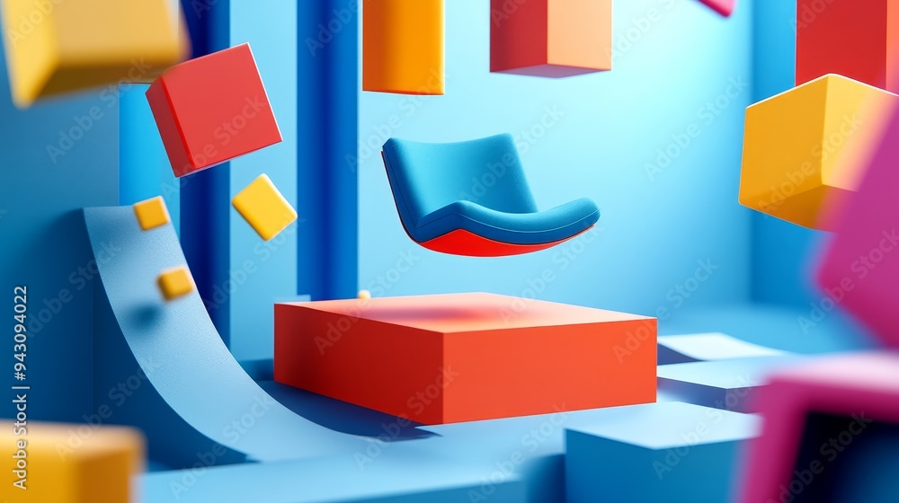 Aufkleber abstract 3d rendering of a blue chair floating in a colorful geometric environment.