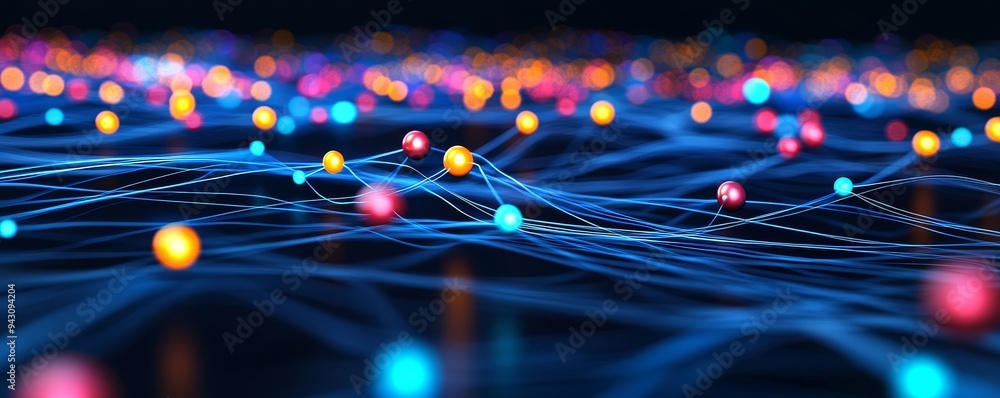 Poster abstract background with colorful lights connected by glowing lines.