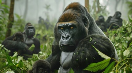 a silverback gorilla leading its troop through lush jungle foliage. Ideal for nature documentaries and educational exhibits about endangered species.