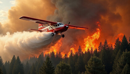 Fototapeta premium A firefighting plane soaring above a wildfire, unleashing a powerful stream of water onto the smoldering treetops