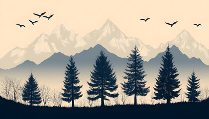 Fototapeta premium Silhouettes of trees, mountains, or birds in a single color against a plain background