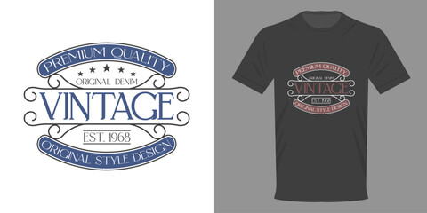 Vector illustration. VINTAGE DENIM T-shirt with monograms and the word VINTAGE. Retro design of a fashionable T-shirt in a minimalist style. Streetwear of the highest quality. Premium quality, Origina