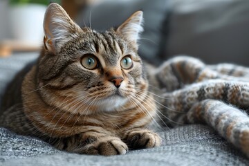 Cozy Tabby Cat Relaxing on a Soft Blanket - Ideal for Pet Lovers and Home Decor