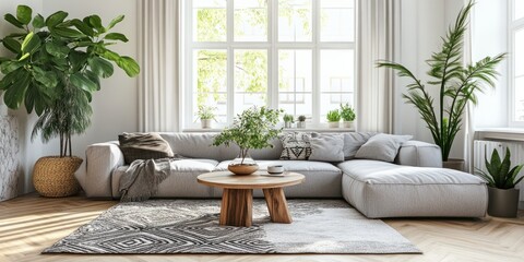 Minimalist Scandinavian interior design. Bright living room with wood floors and potted plants. Bright apartment in Scandinavian style - interior idea