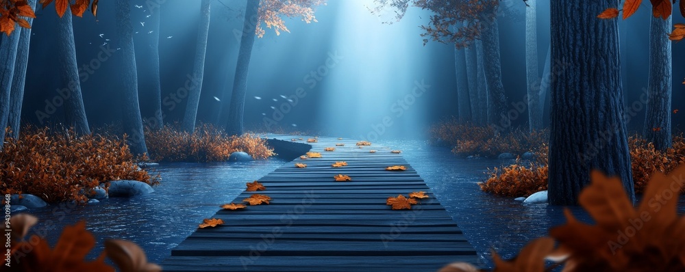 Poster mystical forest path with light shining through trees.