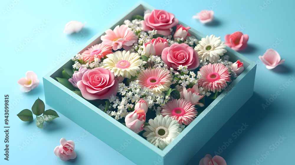 Wall mural a square blue box filled with a colorful bouquet of roses, gerberas, and other pink and white flower