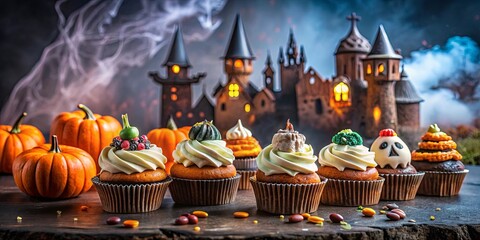 Spooky Halloween treats with haunted castle and ghost cupcakes in a festive setting