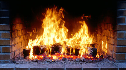 A cozy fireplace with flames dancing around wooden logs during a chilly evening