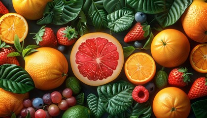  Fresh Colorful ripe fruits background.
