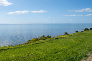 The background texture of a green grass lawn against the smooth, calm ocean, clear blue sky. This...