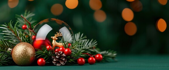 Obraz premium Christmas Ornament with Reindeer and Pine Cones on Green Background