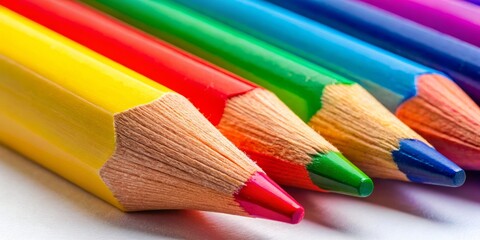 Fototapeta premium A vibrant purple crayon sitting beside a worn pencil with a sharp edge, both tools for creative expression, ready to bring imagination to life.