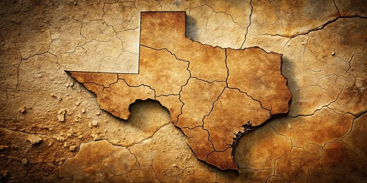 Grungy and worn Texas state shape with cracks and tears in a desert landscape