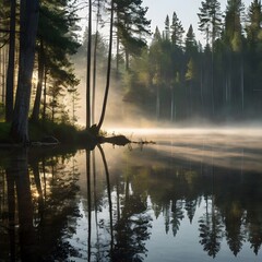 A morning in the forest, with a lake and sunrays.
