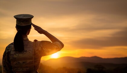 The silhouette of a soldier saluting at sunset, symbolizing respect, military honor, and patriotism against a peaceful evening sky