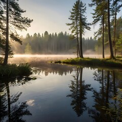 A morning in the forest, with a lake and sunrays.