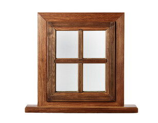 Obraz premium Rustic wooden window frame, elegantly crafted, features frosted glass panes divided into four sections, exuding a warm and timeless charm.