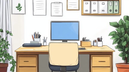 Cozy home office with desk, computer, and indoor plants in minimalistic design