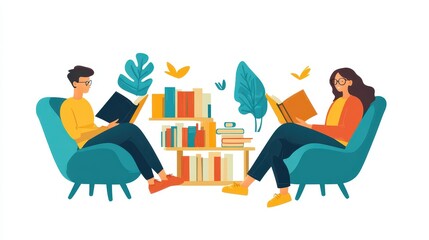 Cozy reading corner with people relaxing in modern chairs surrounded by books and plants