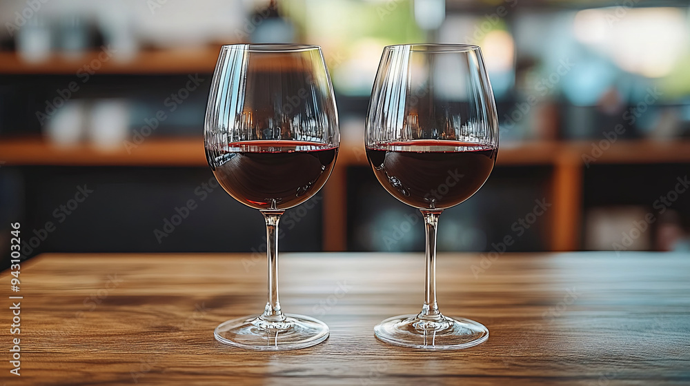 Wall mural Two elegant glasses of red wine on a wooden table in a cozy restaurant setting during the evening