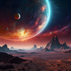 Inclined planets amidst glowing nebulae.