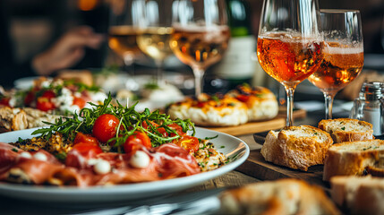 Delicious spread of various dishes and drinks at a lively dining table during an evening gathering