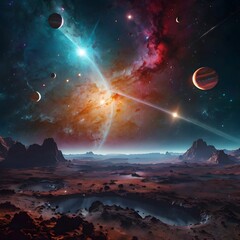 Inclined planets amidst glowing nebulae.