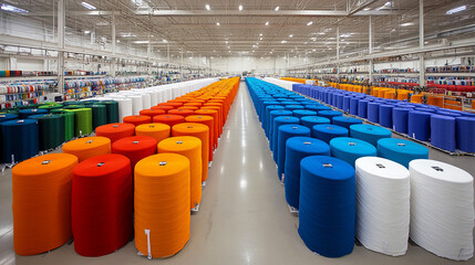 Colorful spools of fabric arranged neatly in a warehouse with bright lighting