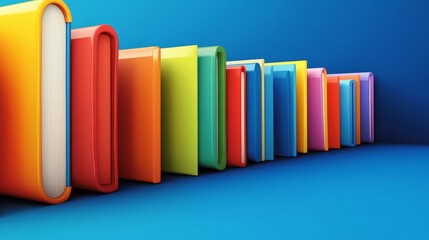 Fototapeta premium A row of colorful books stand in a line against a blue background