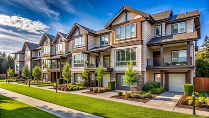 Obraz premium Luxurious modern townhomes in an upscale residential community with manicured lawns and sophisticated amenities