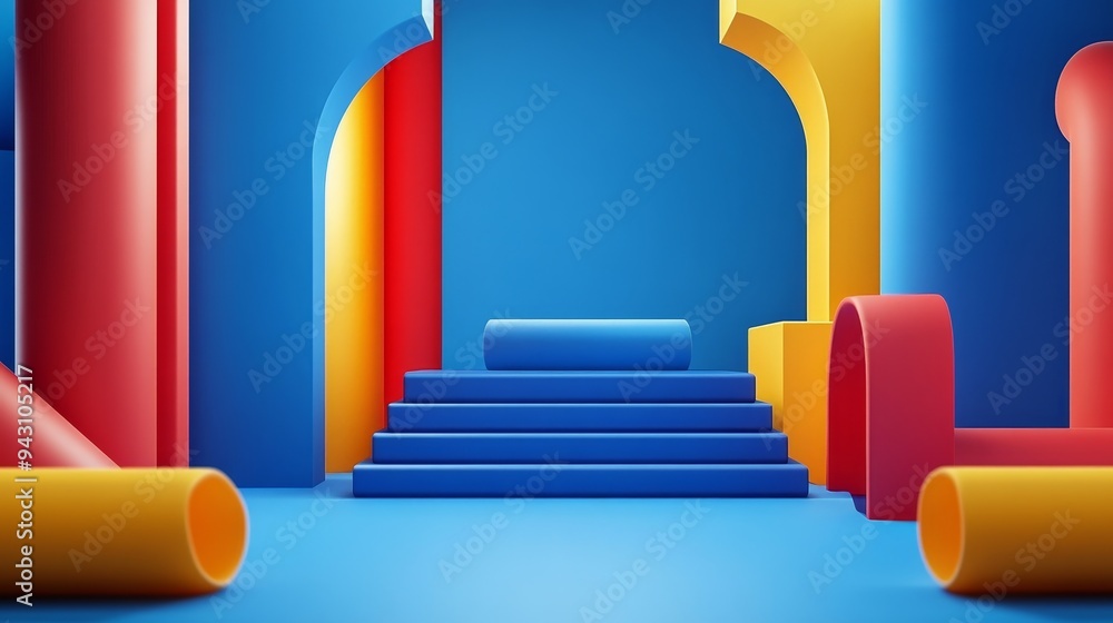 Poster abstract colorful geometric shapes on blue background. modern minimalist design with steps and arche