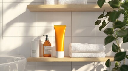 Sunlit bathroom shelf with skincare products and towels, featuring a bright yellow tube.