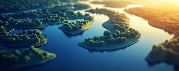 Aerial view of a river winding through a lush forest.